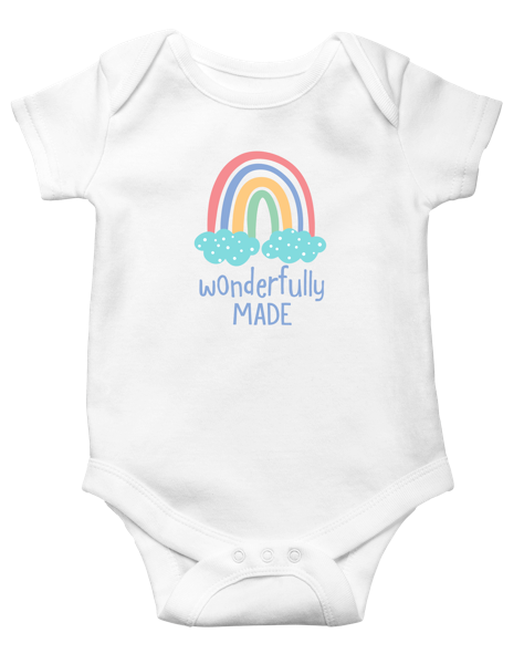 White Ganz baby onesie with a rainbow and 'wonderfully made' text on a white background