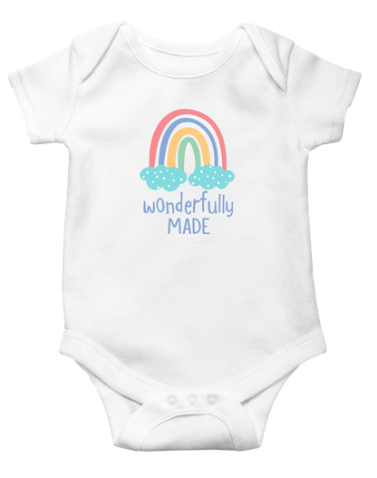 White Ganz baby onesie with a rainbow and 'wonderfully made' text on a white background