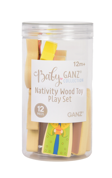 box with a wooden nativity set from Ganz on a white background