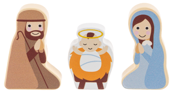 3 wooden pieces from a nativity set from Ganz on a white background (Mary, Joseph and Baby Jesus)