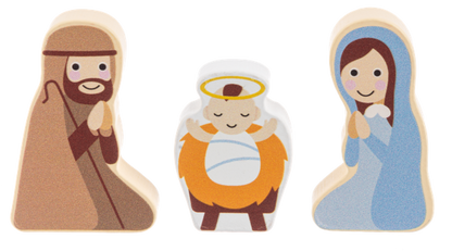 3 wooden pieces from a nativity set from Ganz on a white background (Mary, Joseph and Baby Jesus)
