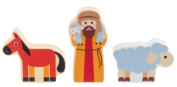 3 wooden pieces from a nativity set from Ganz on a white background (Horse, Sheep and Shepherd holding a sheep)