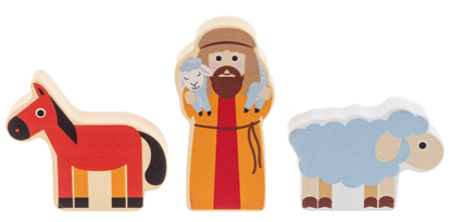 3 wooden pieces from a nativity set from Ganz on a white background (Horse, Sheep and Shepherd holding a sheep)
