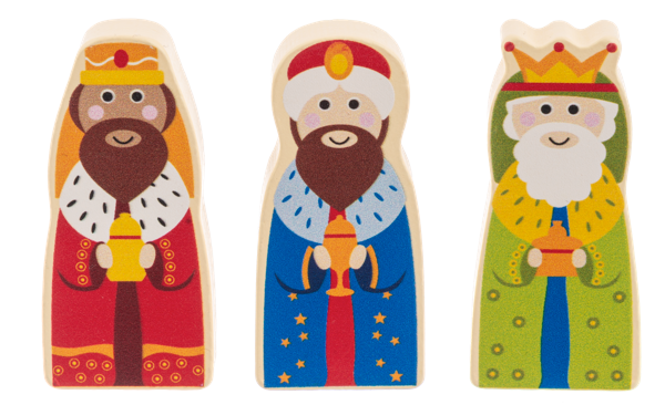 3 wooden pieces from a nativity set from Ganz on a white background (3 wise men)