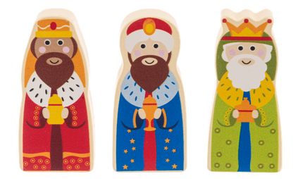 3 wooden pieces from a nativity set from Ganz on a white background (3 wise men)