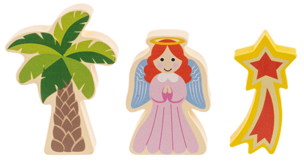3 wooden pieces from a nativity set from Ganz on a white background (Tree, Star and Angel)