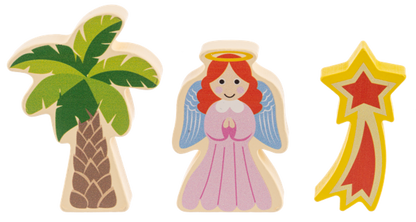 3 wooden pieces from a nativity set from Ganz on a white background (Tree, Star and Angel)