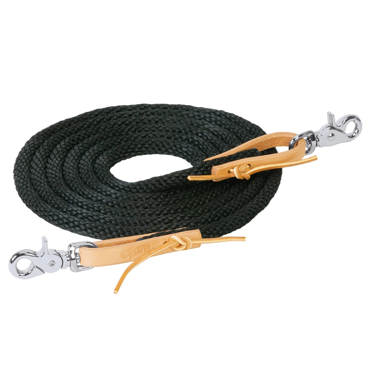 Coiled Black poly rope rein with leather ends and trigger snaps on a white background