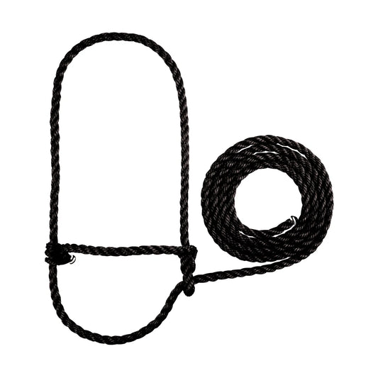Black rope halter for cattle with a loop on a white background