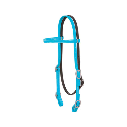 Blue and black synthetic webbing bridle on a white background
