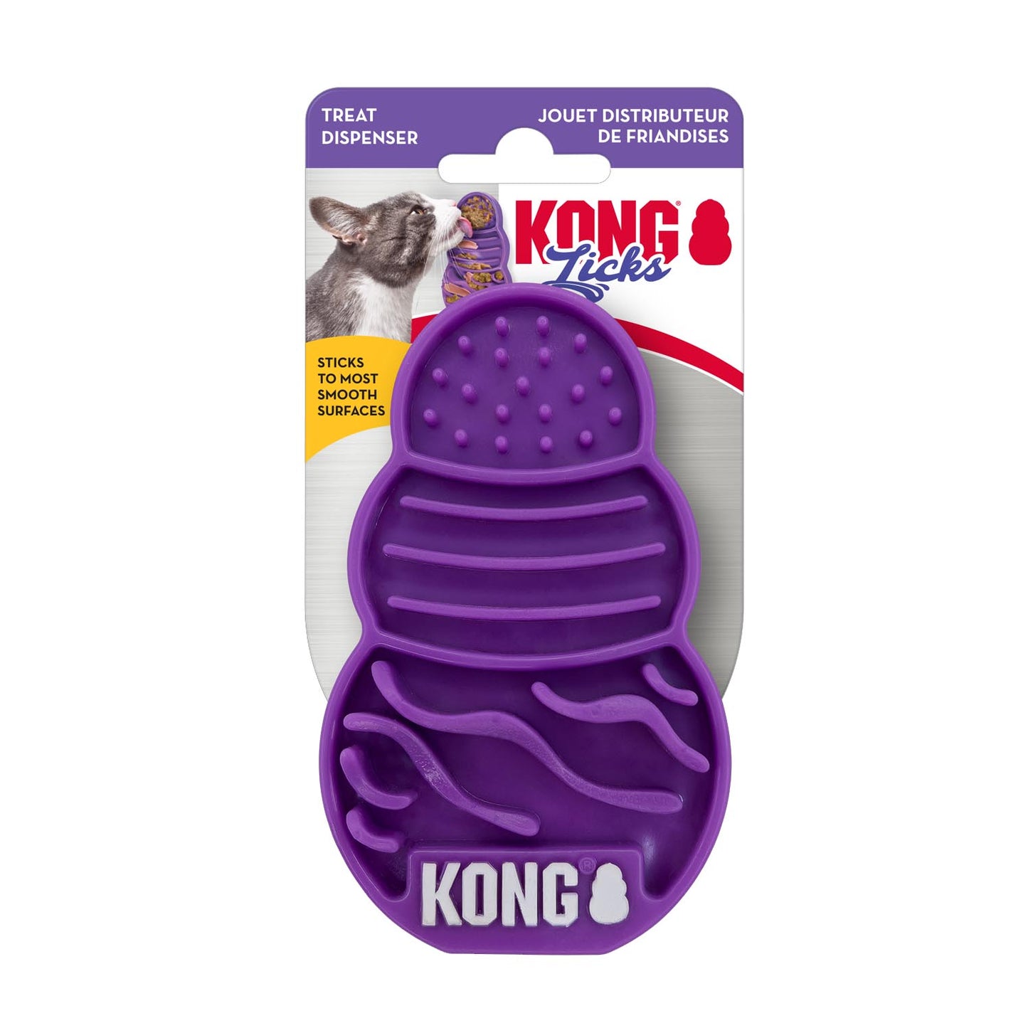 a purple kong licking toy with packaging that suggests it is for cats and should stick to things
