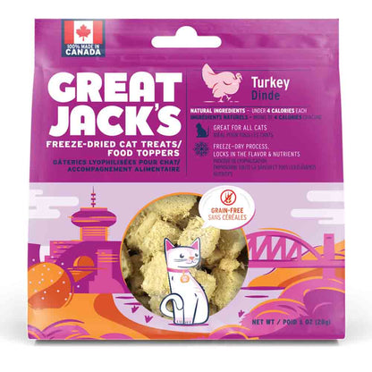a purple bag of great jacks cat treats on a white background