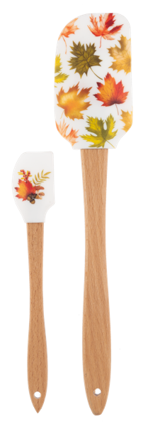 Two spatulas by Ganz with autumn leaf design on a white background