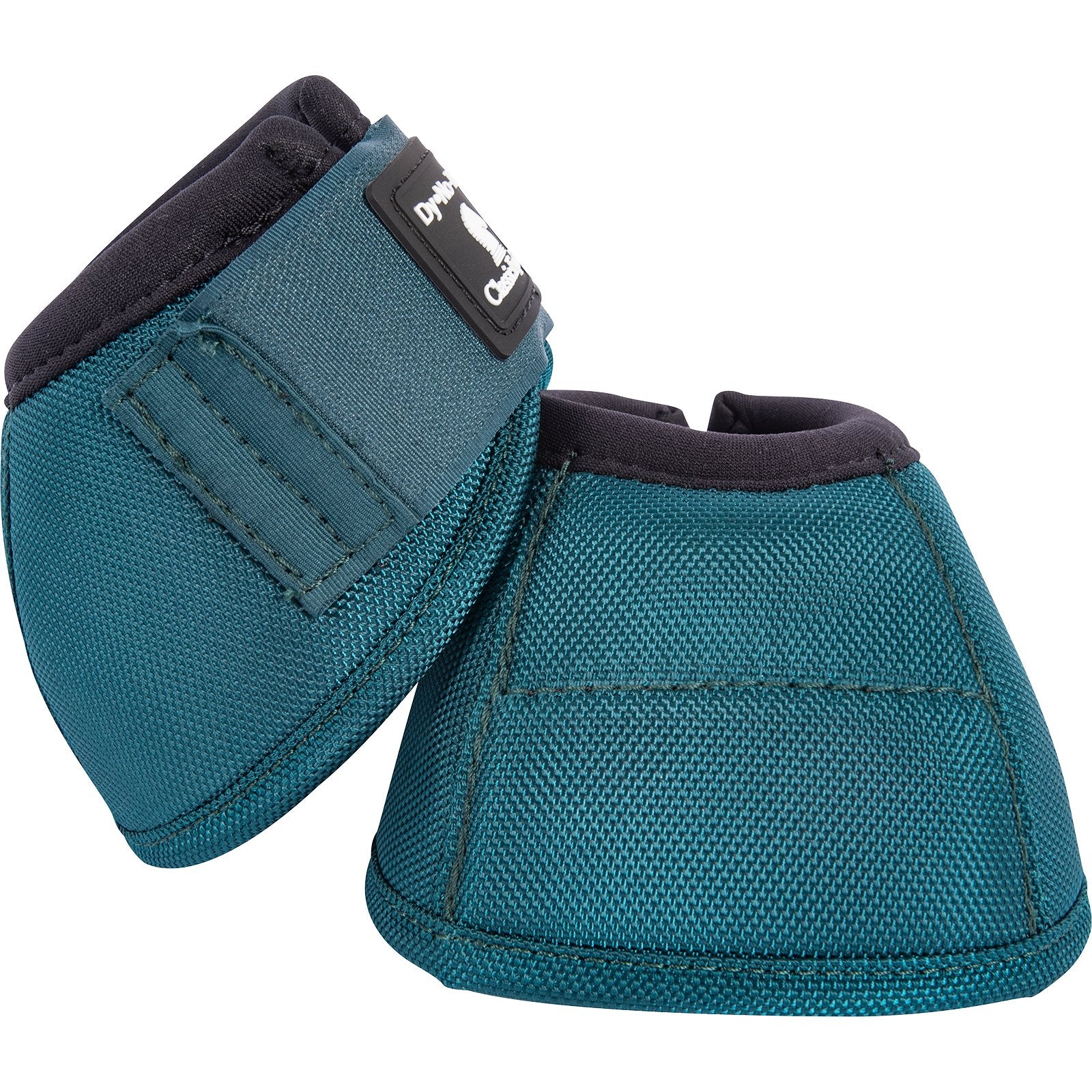 A pair of teal Dy-No-Turn' bell boots for horses with a logo on the top, designed to protect the horse's leg.