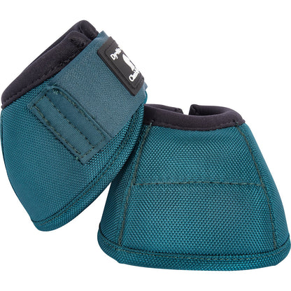 A pair of teal Dy-No-Turn' bell boots for horses with a logo on the top, designed to protect the horse's leg.