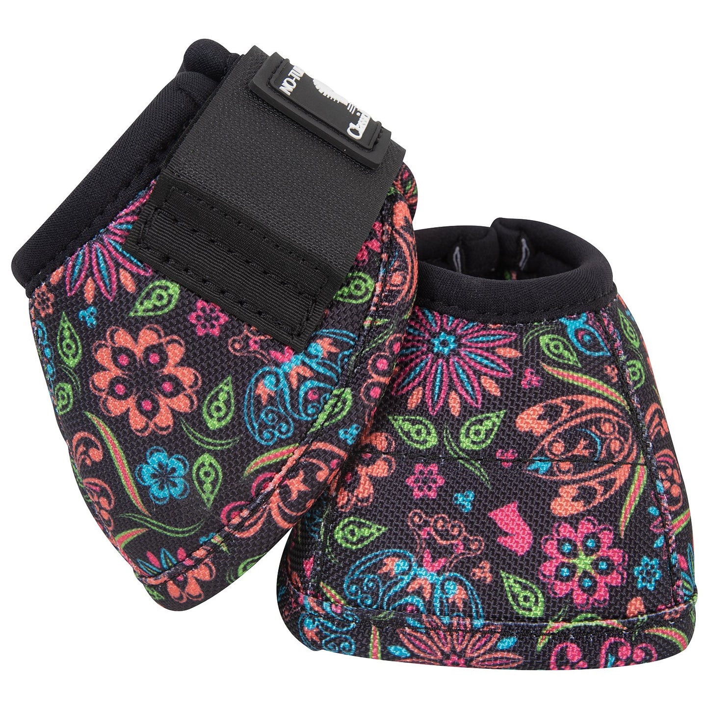 A pair of neon flower 'Dy-No-Turn' bell boots for horses with a logo on the top, designed to protect the horse's leg.
