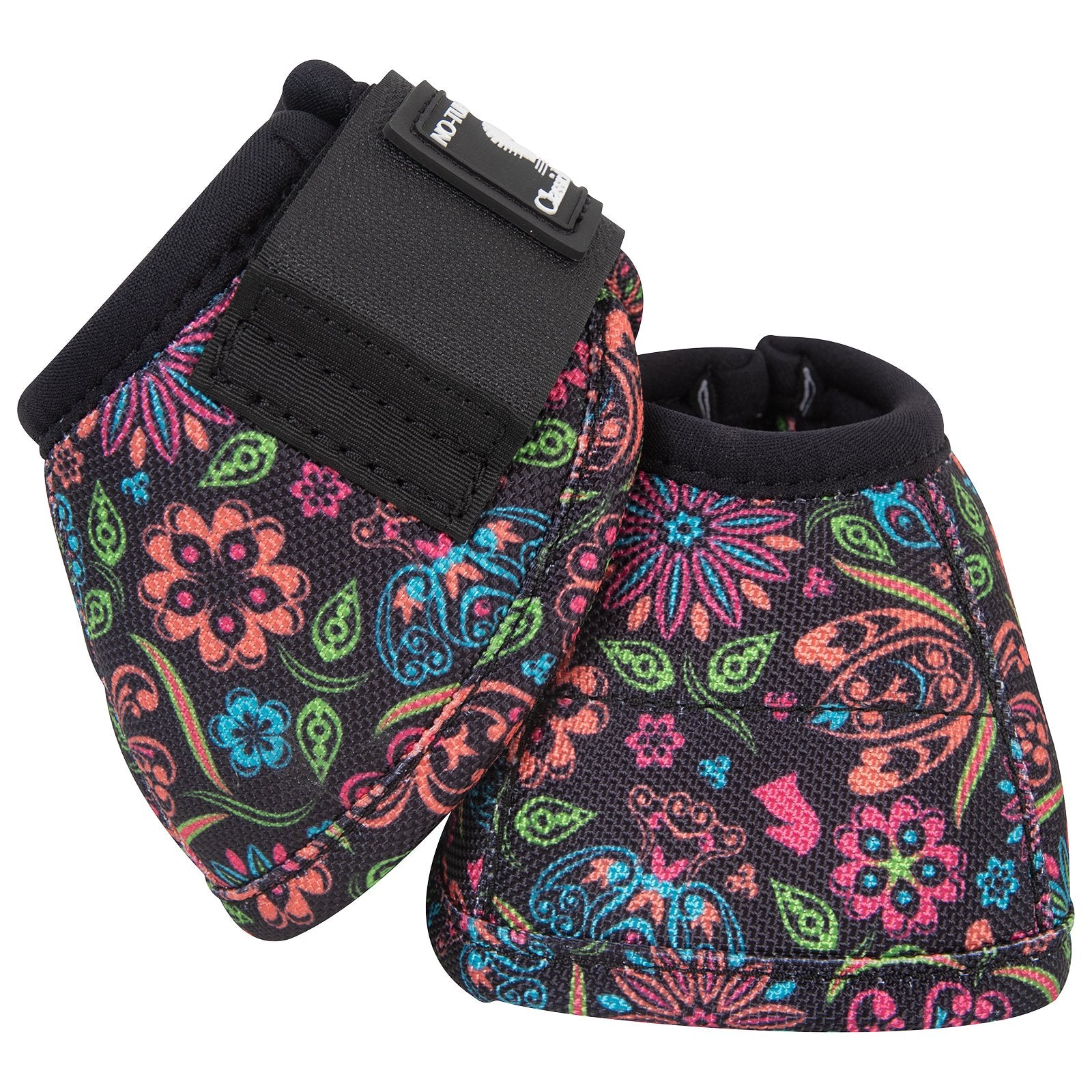 A pair of neon flower 'Dy-No-Turn' bell boots for horses with a logo on the top, designed to protect the horse's leg.