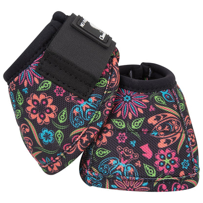 A pair of neon flower 'Dy-No-Turn' bell boots for horses with a logo on the top, designed to protect the horse's leg.