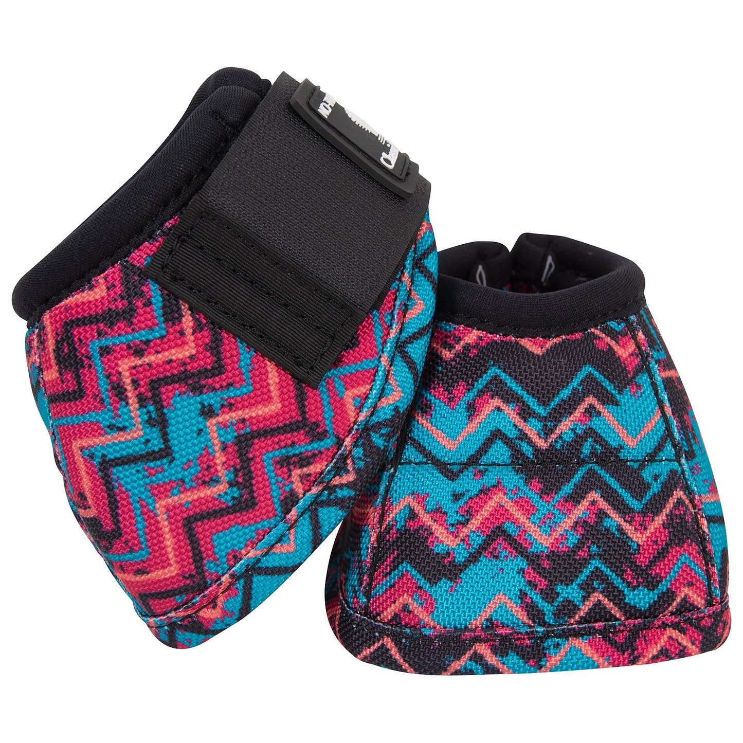 A pair of neon chevron  'Dy-No-Turn' bell boots for horses with a logo on the top, designed to protect the horse's leg.