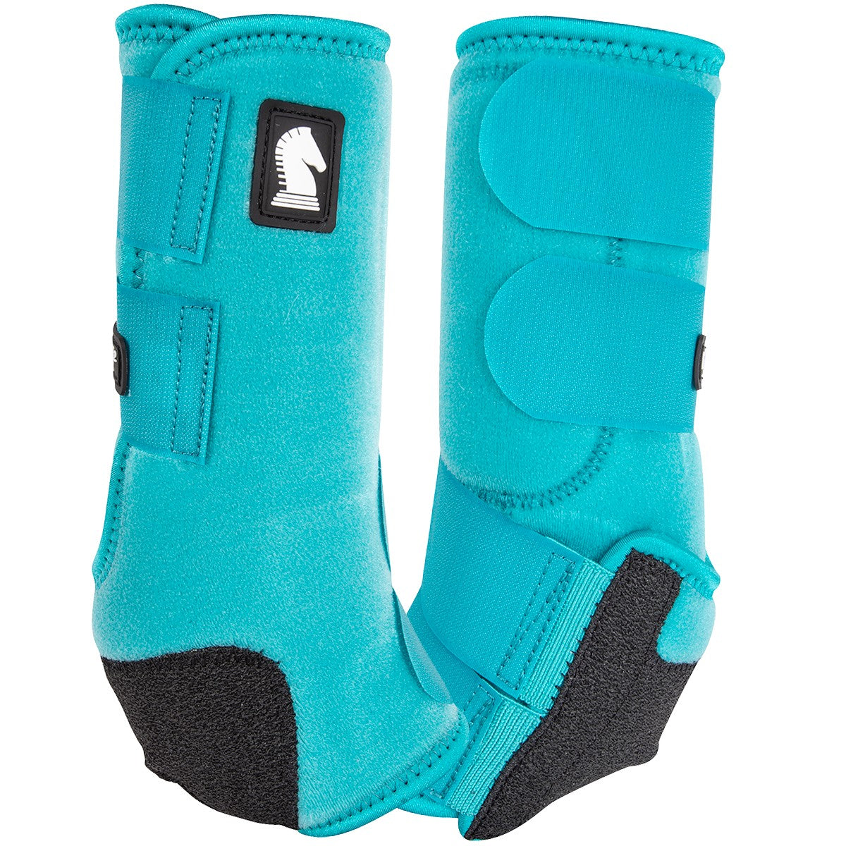 Turquoise protective horse boots with black accents on a white background