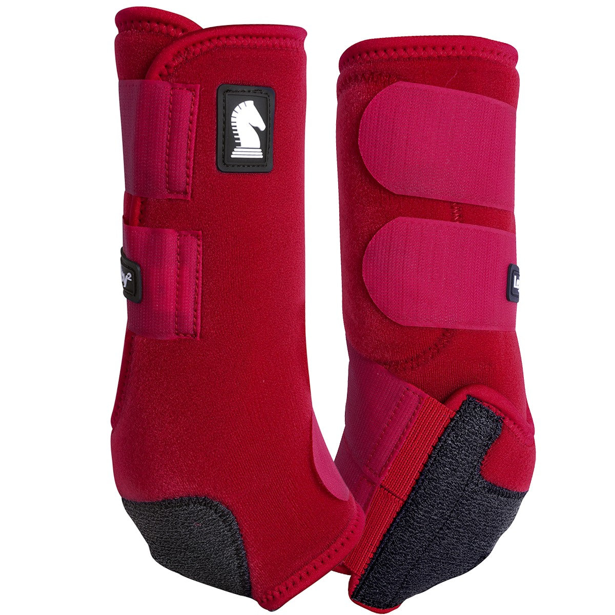 Red protective horse boots with a brand logo on a white background