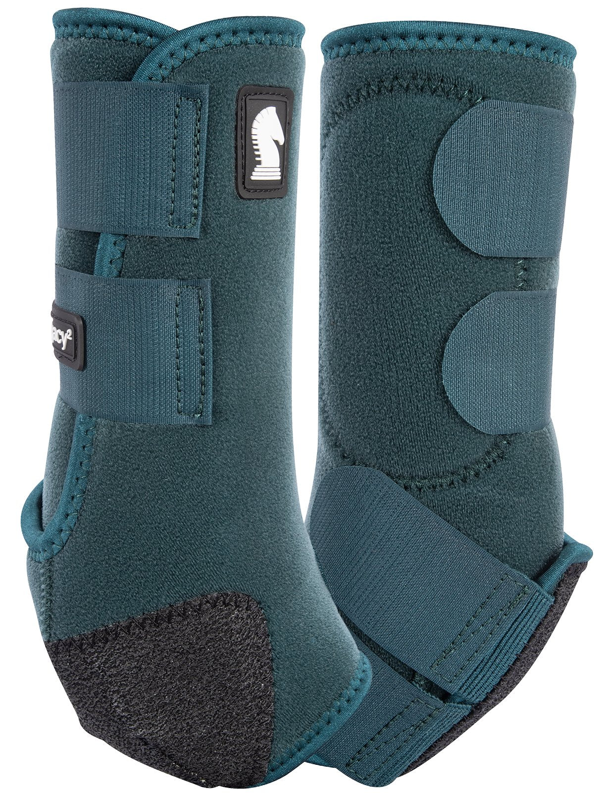 Pair of teal protective horse boots with brand logo on a white background