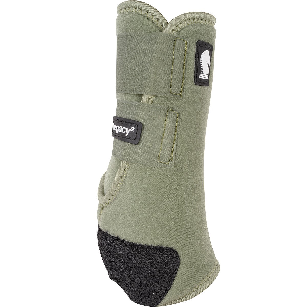 Green protective boot for a horse's hoof on a white background