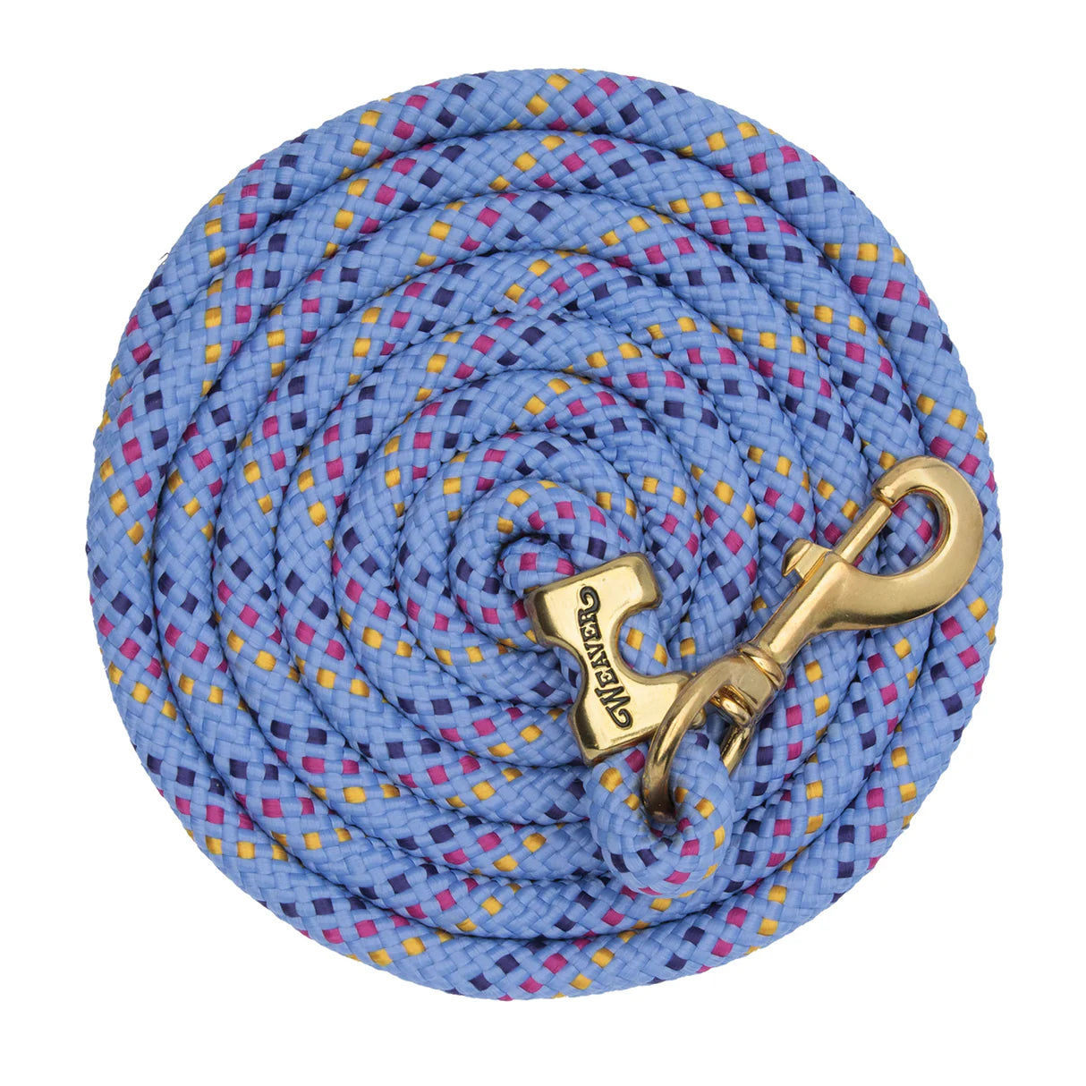lavender coiled lead rope for horses with a brass clip on a white background