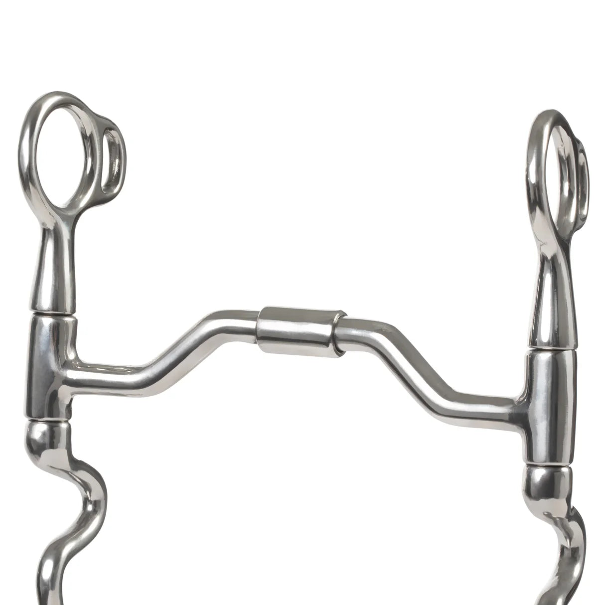 Metal horse bridle bit with a swivel mouth and cavalry shanks on a white background 