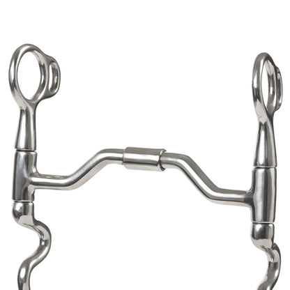 Metal horse bridle bit with a swivel mouth and cavalry shanks on a white background 