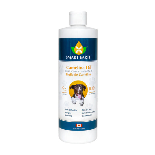 a white bottle of smart earth camelina oil with a dog on the label