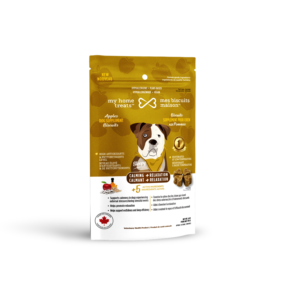 a yellow bag of my home treats dog treats labeled for calming and relaxation