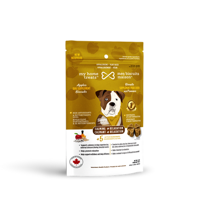 a yellow bag of my home treats dog treats labeled for calming and relaxation