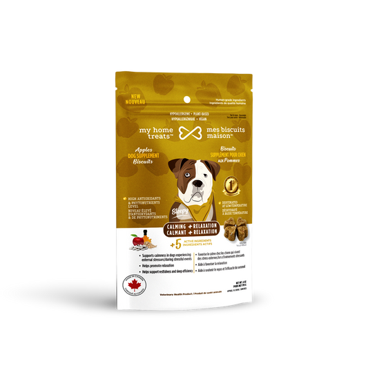 a yellow bag of my home treats dog treats labeled for calming and relaxation