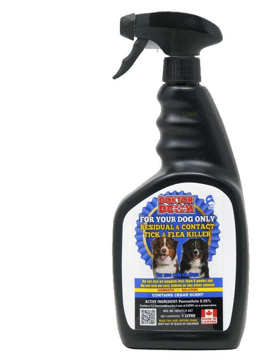 Black spray bottle with a label for tick & flea killer with two dogs on a white background