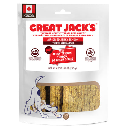 great jack's beef jerky tendon dog treats on a white background