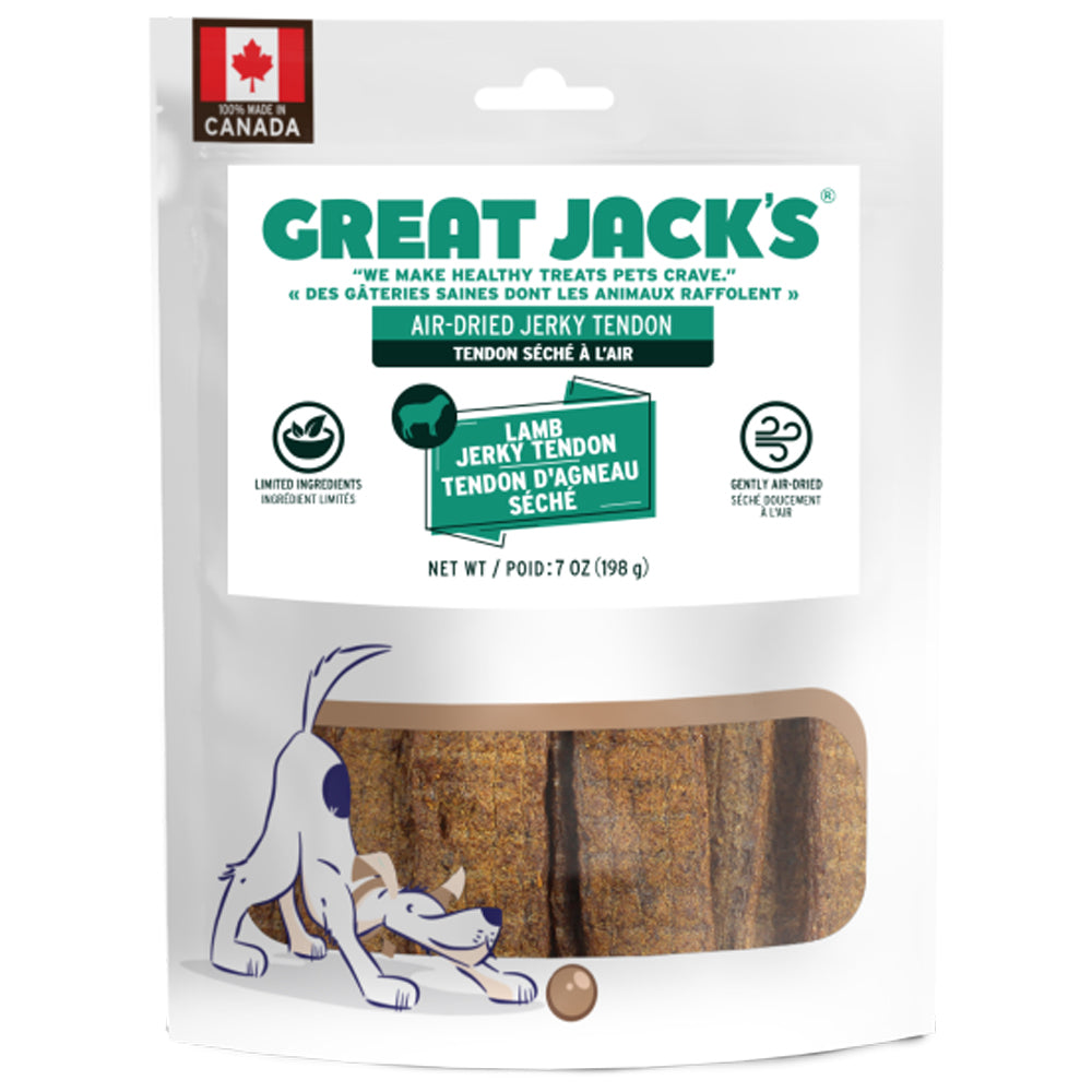 great jack's lamb jerky tendon dog treats on a white background