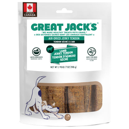 great jack's lamb jerky tendon dog treats on a white background