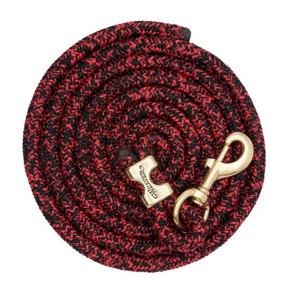 red and black coiled lead rope for horses with a brass clip on a white background