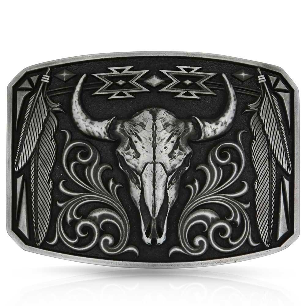 Bull skull Montana Silversmiths belt buckle with decorative patterns on a white background