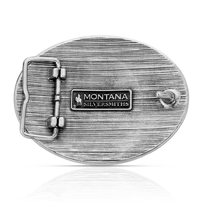 Silver belt buckle with 'Montana Silversmiths' logo on a white background