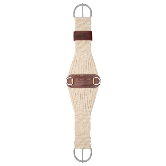 tan mohair roper cinch for horses with stainless steel buckles on a white background