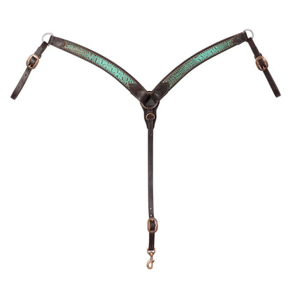 Horse breast collar with turquoise croc pattern on a white background
