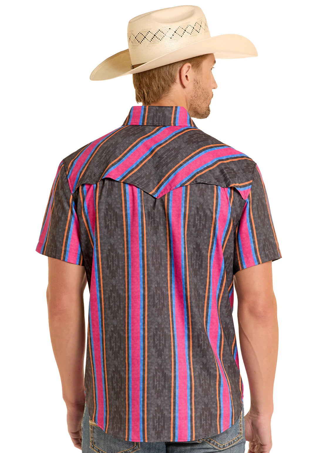 Man wearing a colorful patterned Rock&Roll Denim shirt and cowboy hat on a white background