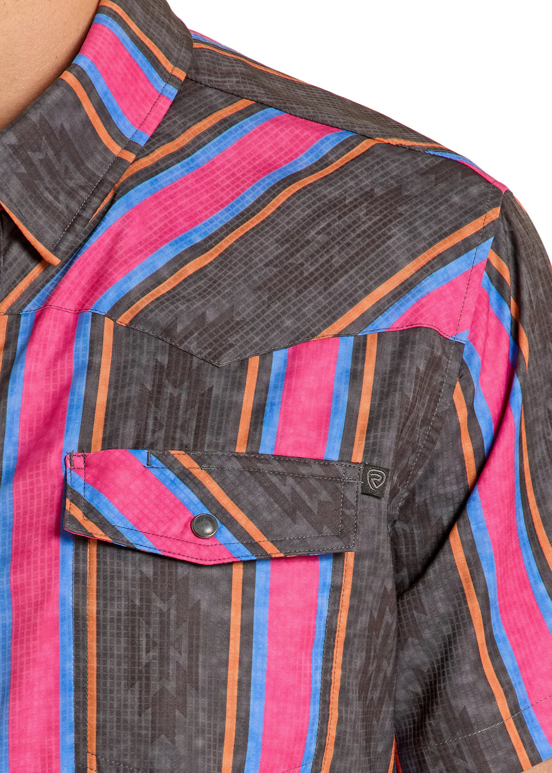 Close-up of a Rock&Roll Denim shirt with colorful striped pattern on a white background