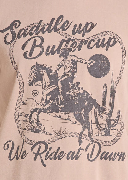 Taupe colored t-shirt from Rock&Roll Denim with a screen printed photo and the words 'Saddle Up Buttercup We Ride At Dawn'