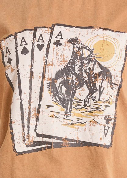 Rock&Roll Denim tshirt with four aces cards printed on it