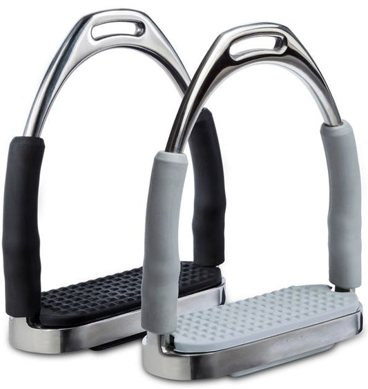 A pair of horse riding stirrups with polished silver metal frames, black and light gray footbeds, and gray heel grips, shown against a plain white background.