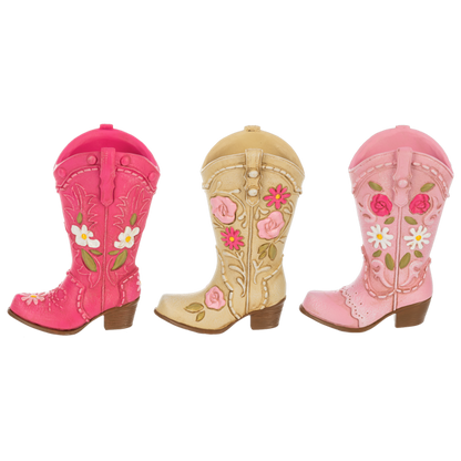 set of three bud vases from Ganz shaped like boots with flowers on them on a white background
