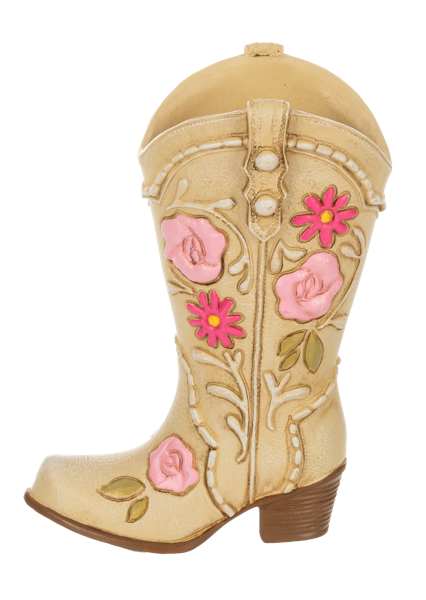 Cream bud vase shaped like a boot from Ganz on a white background